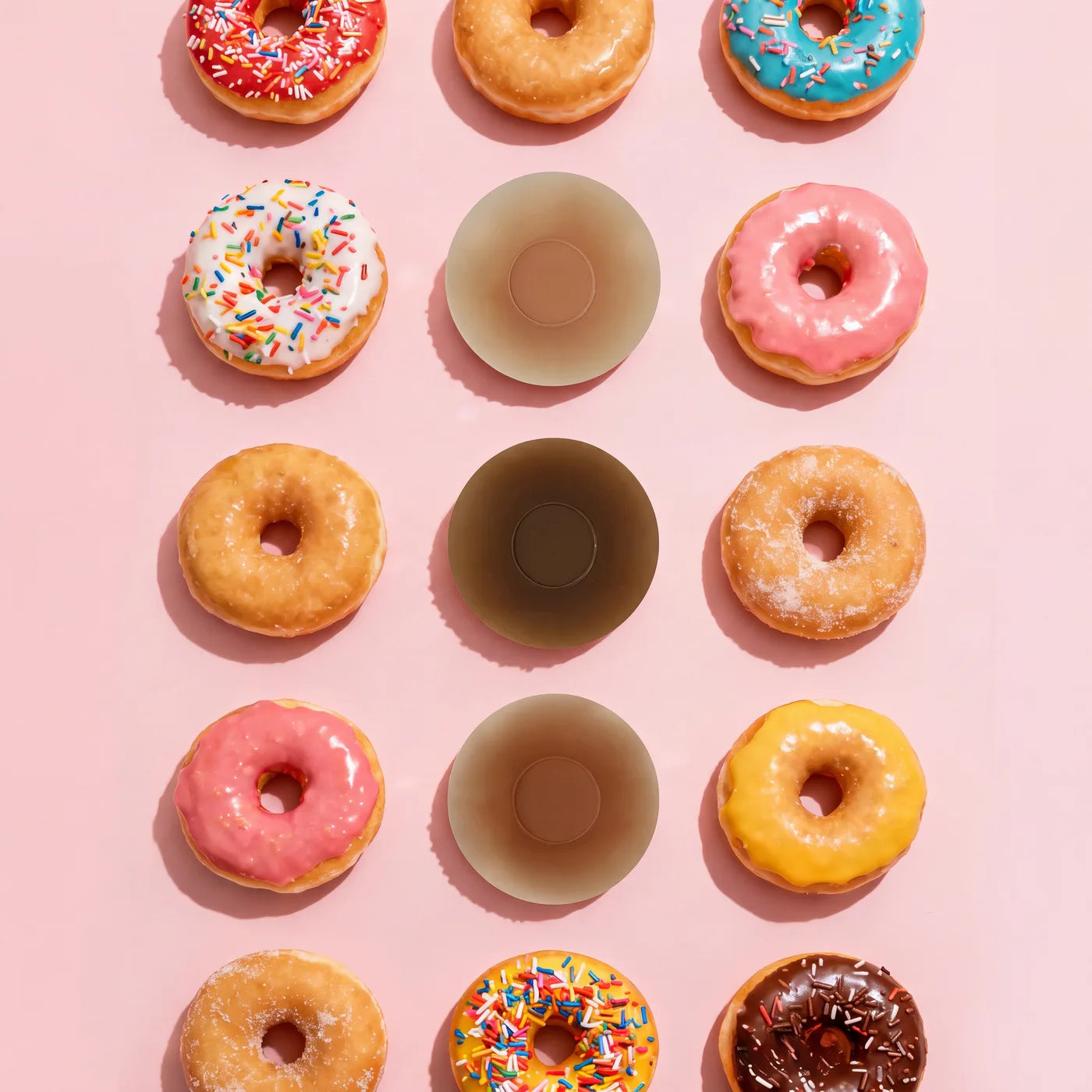 melo doughnut covers arranged among a grid of glazed doughnuts, echoing the ring-with-a-soft-centre shape
